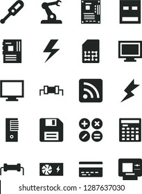 Solid Black Vector Icon Set - lightning vector, floppy disk, monitor, window, bank card, rss feed, electronic thermometer e, math actions, assembly robot, SIM, engineer calculator, pc power supply