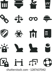 Solid Black Vector Icon Set - spectacles vector, scales, toys over the cot, diaper, powder, Baby chair, car child seat, helmet, dust bin, encrypting, glasses, biohazard, rope barrier, security gate