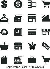 Solid Black Vector Icon Set - bank card vector, dollar, city block, put in cart, bag with handles, cards, kiosk, hanger, shopping, basket, hand, cash machine, cashbox, season sale, store