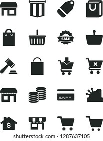 Solid Black Vector Icon Set - paper bag vector, grocery basket, bank card, hammer of a judge, put in cart, crossed, with handles, kiosk, coins, label, stall, shopping, cashbox, sale, pennant flag