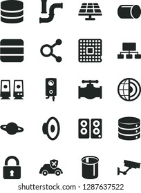 Solid Black Vector Icon Set - loudspeaker vector, boiler, lock, big data, planet, solar panel, valve, water pipes, autopilot, processor, pipe, connections, scheme, pc speaker, earth core