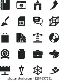 Solid Black Vector Icon Set - paper bag vector, Knitted Socks, box of bricks, building trowel, color samples, notebook, SIM card, jar, lighthouse, billboard with illumination, portfolio, browser