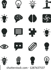 Solid Black Vector Icon Set - image of thought vector, matte light bulb, incandescent lamp, Puzzle, Puzzles, saving, eye, Hot Dog, coastal lighthouse, think, brain, idea