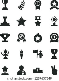 Solid Black Vector Icon Set - star vector, flame torch, laurel branch, pedestal, winner podium, prize, award, cup, gold, reward, man with medal, hold flag, pennant, ribbon, hero, victory hand