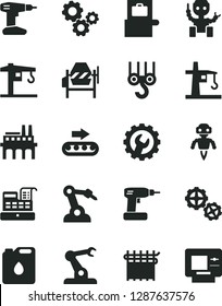 Solid Black Vector Icon Set - crane vector, winch hook, gears, concrete mixer, cordless drill, gear, industrial enterprise, production conveyor, canister of oil, cloth industry, tower, robot welder