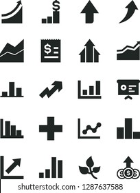 Solid Black Vector Icon Set - upward direction vector, growth up, plus, bar chart, line, graph, positive histogram, leaves, article on the dollar, financial report, arrow, arrows, pedestal