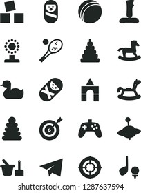 Solid Black Vector Icon Set - paper airplane vector, rubber duck, bath ball, stacking rings, toy, roly poly doll, tumbler, sand set, yule, rocking horse, small, cubes for children, box of bricks