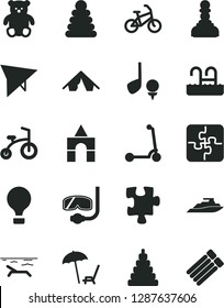 Solid Black Vector Icon Set - stacking rings vector, toy, small teddy bear, box of bricks, child bicycle, Kick scooter, Puzzle, Puzzles, pawn, air balloon, hang glider, bike, tent, beach, pool, golf