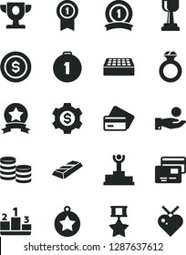 Solid Black Vector Icon Set - brick vector, cards, pedestal, coins, catch a coin, winner podium, prize, gold cup, star medal, first place, with pennant, ribbon, hero, diamond ring, bar, dollar, gear