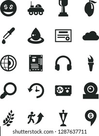 Solid Black Vector Icon Set - mango vector, drop of oil, motherboard, web camera, headphones, magnifier, history, cloud, pipette, oscilloscope, earth core, lunar rover, patente, flame torch, pennant