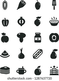 Solid Black Vector Icon Set - mug for feeding vector, Hot Dog, mushroom, porridge in a saucepan, grill chicken leg, popsicle, jar of jam, pancakes, peach, half apricot, quince, pear, medlar, guava