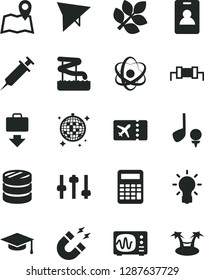 Solid Black Vector Icon Set - column of coins vector, atom, bulb, settings, oscilloscope, magnet, graduate hat, calculator, biology, syringe, resistor, hang glider, identity card, plane ticket, map