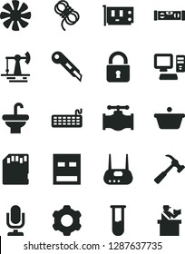 Solid Black Vector Icon Set - desktop microphone vector, cogwheel, washbasin, building level, hawser, stationery knife, hammer with claw, lock, working oil derrick, valve, pan, computer, fan, usb