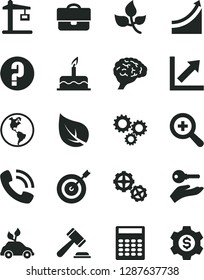 Solid Black Vector Icon Set - hammer of a judge vector, zoom, growth chart, question, cake, gears, leaves, leaf, planet Earth, Construction crane, environmentally friendly transport, portfolio