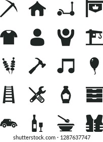Solid Black Vector Icon Set - storage unit vector, plates and spoons, balloon, Kick scooter, crane, small tools, stepladder, hammer with claw, T shirt, fried vegetables on sticks, bottle, retro car