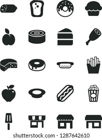 Solid Black Vector Icon Set - kiosk vector, sausage, cheese, canned goods, Hot Dog, mini, cake, piece of, with a hole, glazed, plate milk, chicken thigh, French fries, cup popcorn, popsicle, apple