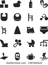 Solid Black Vector Icon Set - toys over the cradle vector, mug for feeding, measuring bottle, diaper, bib, baby, rattle, car child seat, stroller, duckling, stacking rings, roly poly doll, a chair