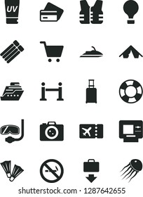 Solid Black Vector Icon Set - air balloon vector, rope barrier, rolling suitcase, plane ticket, getting baggage, atm, credit card, tent, uv cream, flippers, diving mask, camera, cart, life vest