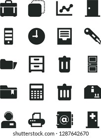 Solid Black Vector Icon Set - calculator vector, graph, archive, folder bookmark, ntrance door, interroom, stationery knife, wall clock, dust bin, case, nightstand, address book, cardboard box, copy