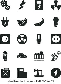 Solid Black Vector Icon Set - power socket type b vector, lightning, dangers, banana, bananas, big solar panel, oil derrick, modern gas station, light bulb, hydroelectricity, plug, gears, canister