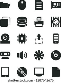 Solid Black Vector Icon Set - CD vector, big data, volume, copy, move up, tablet pc, fan, radiator, mouse, tower, cpu, card, monitor, web camera, printer, folder, file