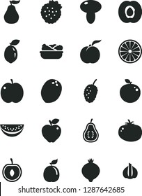Solid Black Vector Icon Set - mushroom vector, lettuce in a plate, tomato, strawberries, ripe peach, apple, half apricot, red, medlar, tasty mulberry, water melon slice, cherry, sour lime, of orange