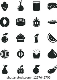 Solid Black Vector Icon Set - cheese vector, canned goods, slices of onion, muffin, French fries, jam, strawberry, pear, orange slice, quince, fig, half medlar, blueberry, water melon, peach, loquat