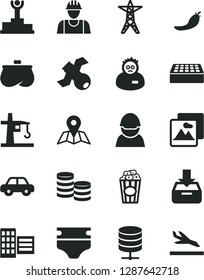 Solid Black Vector Icon Set - diaper vector, motor vehicle, builder, city block, brick, picture, map, big data server, put in a box, cup of popcorn, red pepper, power line, racer, tower crane, coins