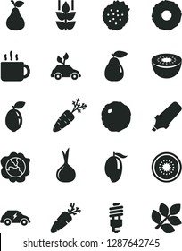 Solid Black Vector Icon Set - cabbage vector, carrot, cup of tea, strawberries, pear, mint, squash, mango, kiwi, half, sour lime, slice pineapple, onion, energy saving bulb, electric, biology
