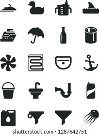 Solid Black Vector Icon Set - measuring cup for feeding vector, rubber duck, bucket, washbasin, sink, sewerage, heating coil, anchor, umbrella, soda can, marine propeller, canister of oil, pipes
