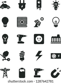 Solid Black Vector Icon Set - lightning vector, matte light bulb, incandescent lamp, concrete mixer, cordless drill, saving, power socket type b, boiler, charge level, big solar panel, pole, plug