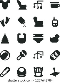 Solid Black Vector Icon Set - cradle vector, toys over the, cot, diaper, baby powder, bib, Child T shirt, beanbag, chair, car seat, safety pin, duckling, bath ball, stacking toy, tumbler, footprints