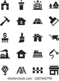 Solid Black Vector Icon Set - house vector, box of bricks, dwelling, hook, building trolley, wooden paint brush, ladder, ceramic tiles, putty knife, paving slab, hammer with claw, factory, mortgage