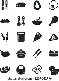 Solid Black Vector Icon Set - baby bib vector, plastic fork spoons, iron, sausage, stick of, fried vegetables on sticks, piece pizza, muffin, pie, a bowl rice porridge, lettuce in plate, chicken