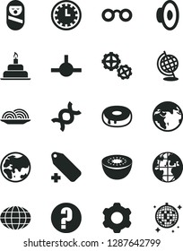 Solid Black Vector Icon Set - clock face vector, loudspeaker, add label, question, roly poly doll, birthday cake, gears, cogwheel, onion, with a hole, kiwi, planet, globe, connect, glasses, dna