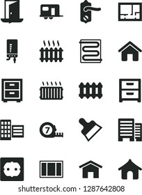 Solid Black Vector Icon Set - bedside table vector, house, window frame, long meashuring tape, lay out of flat, power socket type f, door knob, buildings, city block, putty knife, heating coil, home
