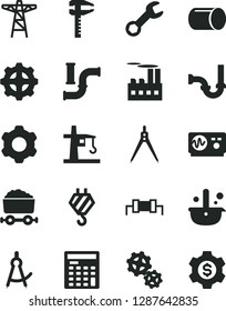 Solid Black Vector Icon Set - hook vector, cogwheel, sewerage, water pipes, power pole, industrial building, gear, gears, tower crane, pipe, calipers, metallurgy, trolley with coal, repair, resistor