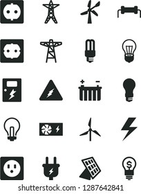 Solid Black Vector Icon Set - lightning vector, incandescent lamp, power socket type f, dangers, windmill, wind energy, battery, bulb, light, line, pole, plug, mercury, pc supply, electricity, idea