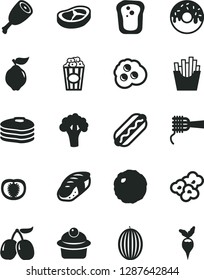 Solid Black Vector Icon Set - Hot Dog vector, noodles, muffin, glazed cake with a hole, chicken thigh, bacon, cabbage, French fries, sushi, popcorn, cup of, omelette, pancakes, sandwich, quince