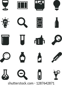Solid Black Vector Icon Set - matte light bulb vector, magnifier, zoom out, measuring cup for feeding, mercury thermometer, window frame, interroom door, a glass of tea, jam, bottle, liquor, flask