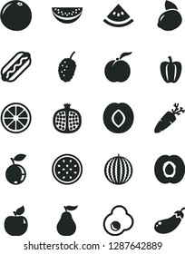 Solid Black Vector Icon Set - Hot Dog vector, carrot, fried egg, ripe peach, half apricot, pomegranate, plum, blueberry, tasty mulberry, water melon, slice, yellow lemon, juicy, of passion fruit