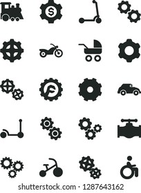 Solid Black Vector Icon Set - truck lorry vector, baby carriage, children's train, tricycle, Kick scooter, child, gears, cogwheel, star gear, valve, retro car, three, dollar, motorcycle, disabled