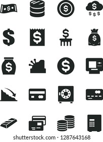 Solid Black Vector Icon Set - dollar vector, strongbox, cards, coins, reverse side of a bank card, front the, column, recession, financial item, money, dollars, cashbox, gold bar, rain, coin, atm