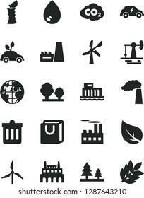 Solid Black Vector Icon Set - dust bin vector, drop, bag with handles, apple stub, working oil derrick, leaf, windmill, wind energy, manufacture, hydroelectric station, trees, forest, factory