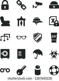 Solid Black Vector Icon Set - spectacles vector, toys over the cot, powder, Baby chair, warm hat, helmet, lock, umbrella, strongbox, encrypting, glasses, biohazard, security gate, uv cream, key