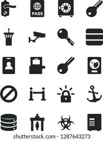 Solid Black Vector Icon Set - prohibition vector, key, door knob, anchor, passport, big data, strongbox, encrypting, biohazard, airport tower, rope barrier, identity card, security gate, safe