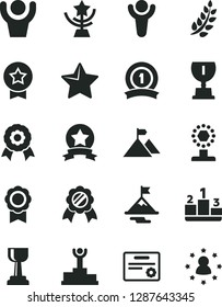 Solid Black Vector Icon Set - star vector, pedestal, medal, winner, laurel branch, podium, award, cup, gold, motivation, mountain flag, ribbon, certificate, hands up man, stars around