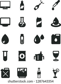 Solid Black Vector Icon Set - measuring cup for feeding vector, drop, screen, a glass of tea, soda can, bottle, liquor, flask, oil, canister, monitor, test tube, pipette, champagne, cocktail