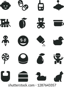 Solid Black Vector Icon Set - baby powder vector, bib, rubber duck, duckling, toy mobile phone, children's potty, teddy bear, hairdo, train, yule, child shoes, piece of cake, lollipop, pear, robot