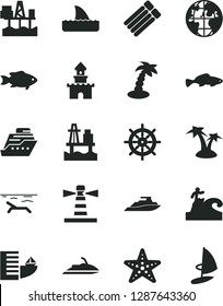 Solid Black Vector Icon Set - small fish vector, sea port, commercial seaport, lighthouse, planet, sand castle, hotel, beach, palm tree, starfish, surfing, handwheel, jet ski, cruiser, shark fin